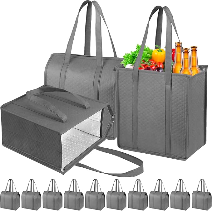 18L Insulated Grocery Bags, Zippered Top 3PCS Reinforced Handles | 12×7×13", reusable thermal lining, keeps food warm & cold, suitable for travel, picnic, camping, beach, shopping