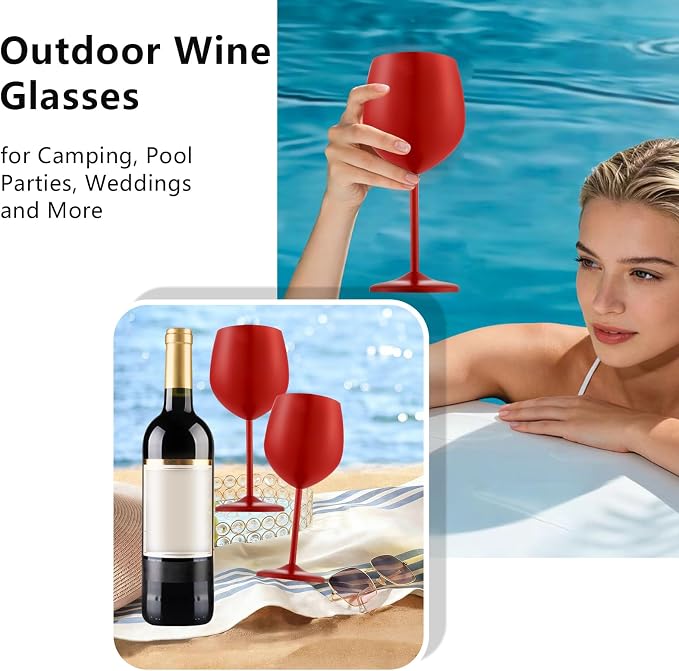 UNISWEET Unbreakable Stainless Steel Wine Glasses Set of 2, Matte Red | 17oz Unique Fancy Metal Wine Goblets, Shatterproof, Ideal for Outdoor, Camping, Travel, Pool, Great Gift for Wine Lovers