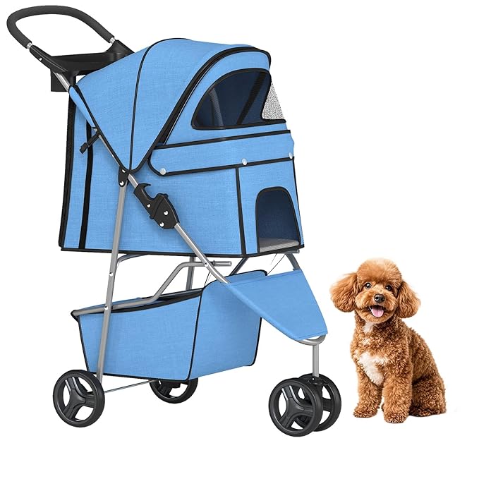 BestPet | 3-Wheel Pet Stroller | Dog and Cat Stroller | Breathable Mesh | Lightweight Travel Carrier | Waterproof & Foldable Design | Storage Basket | Blue | for Daily Walks & Outdoor Use
