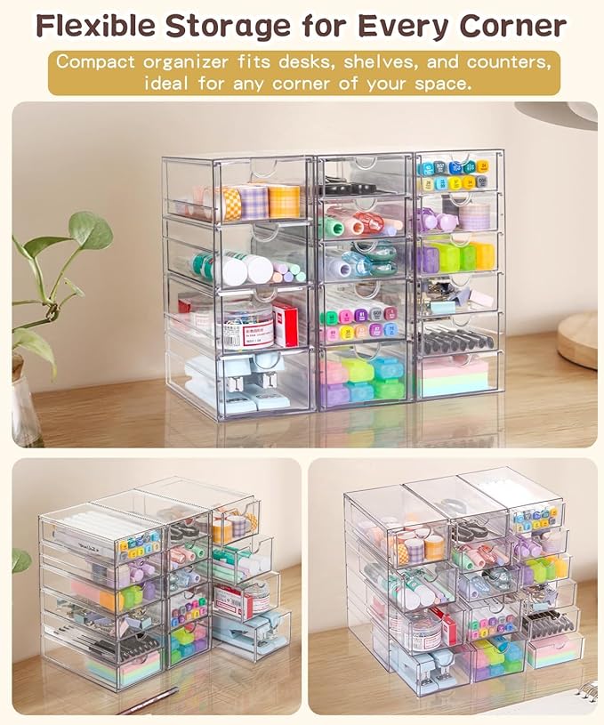 VZKAH Clear Acrylic Organizer with Drawers | 15-Drawer Desktop Unit | Makeup & Desk Organization and Storage Box for Office, Craft, Vanity Table, Bathroom, Home Essentials