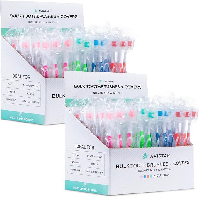 208 Pack Bulk Toothbrushes w/ Cover Caps, Individually Wrapped Disposable Travel Toothbrush, Value Size, Long Lasting 3+ Months, Med-Soft Manual Teeth Brush Bristles, 4 Colors (Red Green Blue Pink)