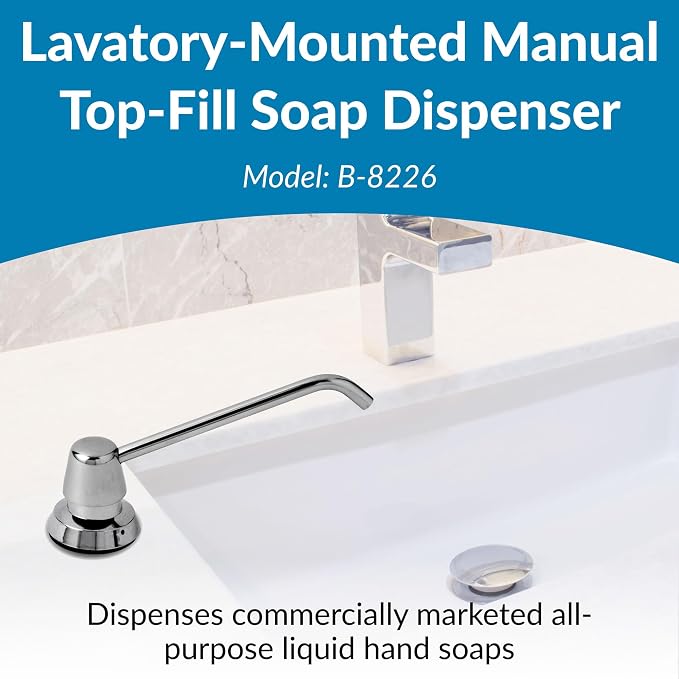 Bobrick Commercial Liquid Soap Dispenser 34 fl oz Capacity, Counter-Mounted, Polished Chrome, Manual Top-Fill, Vandal-Resistant Shatter-Proof Design 6-Inch Spout Durable Stainless Steel Construction (Model B-8226)