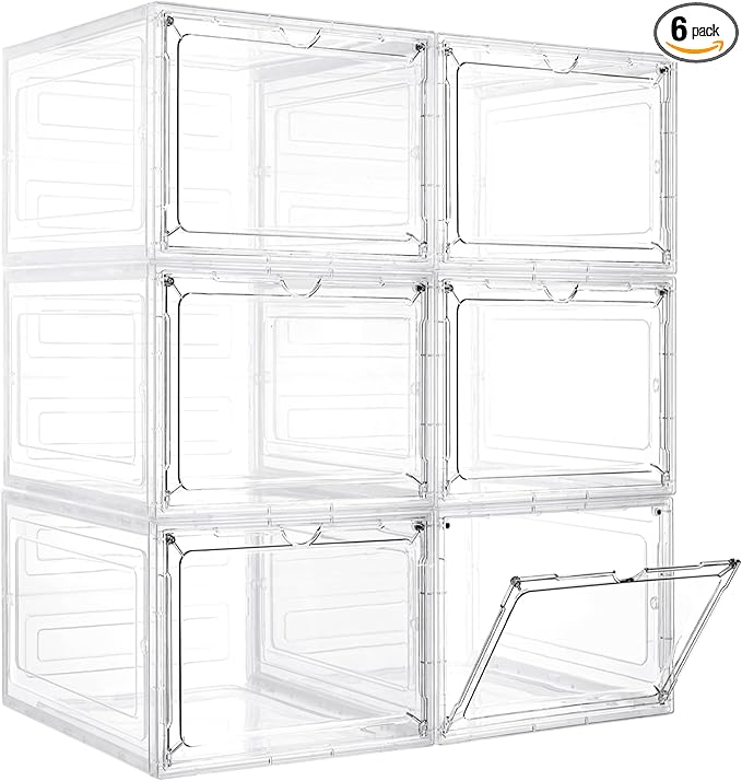 LXLXXL 6 Pack Storage Bins with Lids, 19 Qt Stackable Clear Storage Box | Stackable Storage Bins with Lid, Clear Acrylic Magnetic Door, Plastic Display Case, Organizer Box for Home Office Organizing