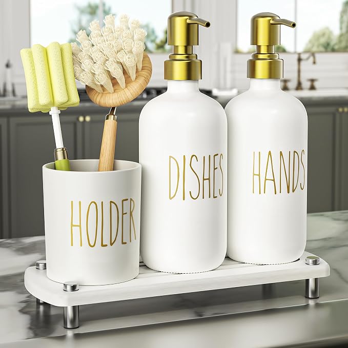Cisily Kitchen Soap Dispenser Set Comes with Ceramics Sponge Holder, Gold Pumps, and Instant Dry Tray, Hand and Dish Soap Dispenser Set (4, Gold + White + Brush Holder)
