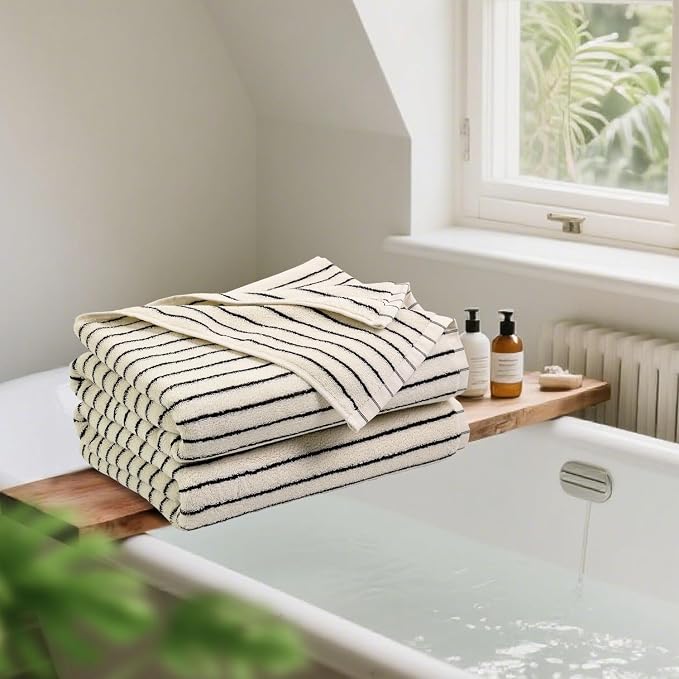 Black and Ivory Striped Bath Towels Set of 2, Lighter & Quick Dry Towels | Large 27.5 x 55 inches, Farmhouse for Bathroom, Pool, Shower