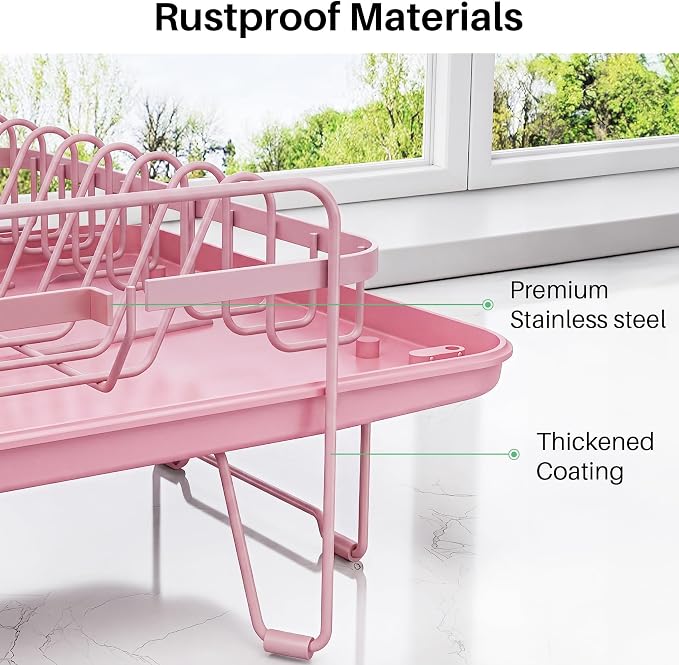 SNTD Dish Drying Rack - Large Dish Racks for Kitchen Counter, Expandable Dish Drainers with Cutlery Holder Stainless Steel Rustproof (Pink)