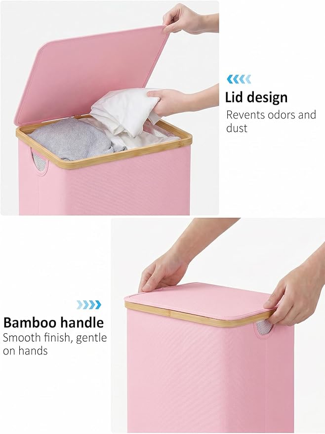 iEGrow Laundry Hamper with Lid, 110L Large Laundry Basket with Handle and Lid, Collapsible Clothes Basket Organizer with Removable Inner Bag for Clothes Towels,Pink