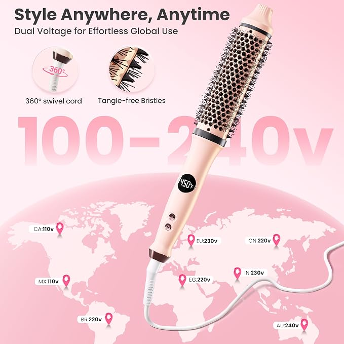 Thermal Brush, Infrared Heated Round Brush with 100M Negative Ions, Hot Brush for Volume, Curling & Straightening, 5 Heat Settings, Dual Voltage Hair Styler, Anti-Frizz Shine, All Hair Types-Pink