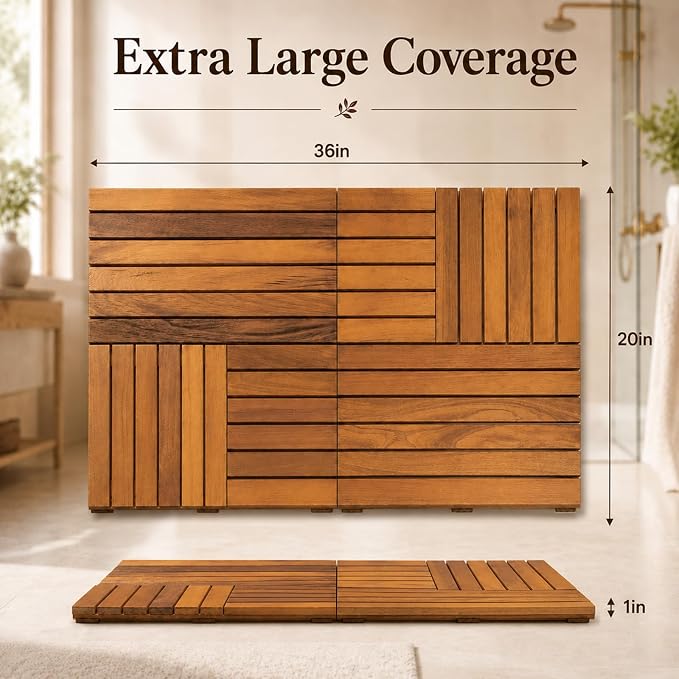 Foldable Teak Shower Mat, 36 x 20 Inch Large Teak Wood Bath Mat with Non-Slip Pads, Wooden Shower Mat for Bathroom, Indoor Outdoor Wood Shower Mat with Cleaning Brush and Cloth