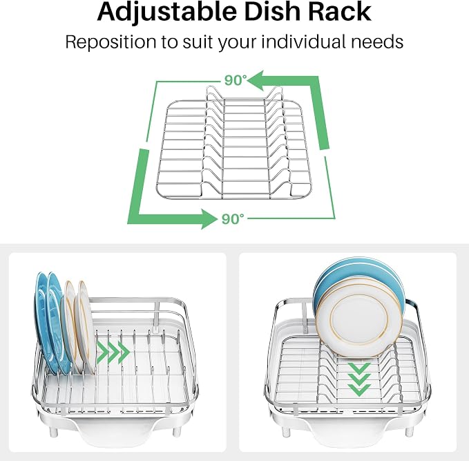 SNTD Dish Drying Rack, Expandable Dish Rack for Kitchen Counter, Stainless Steel Dish Drainer with Drainboard Set and Utensil Holder (White)