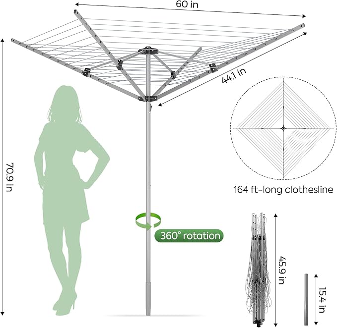 164Ft XL Outdoor Umbrella Clothes Drying Rack, 70.87" H | Collapsible 4-Arm Rotary Clothesline For Lawn, Garden & Backyard, Metal Frame For Outdoor Natural Laundry Drying
