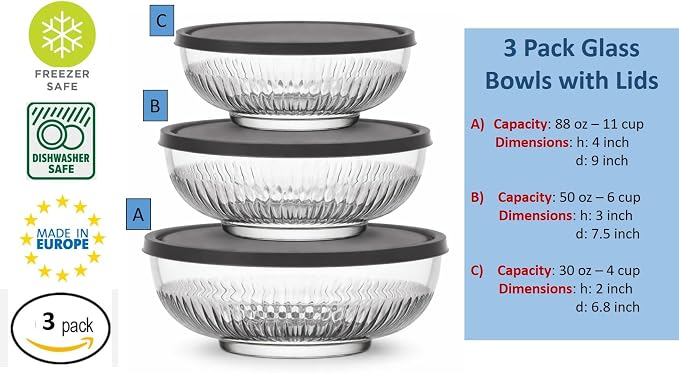 BOHEM'S 3 Pack Glass Bowls with Lids, Space-Saving Stackable Heavy Glass Food Storage Containers set with Lids, Meal Prep Containers With BPA-Free airtight Lids (4-6-11 cup) (30–50–88 oz)