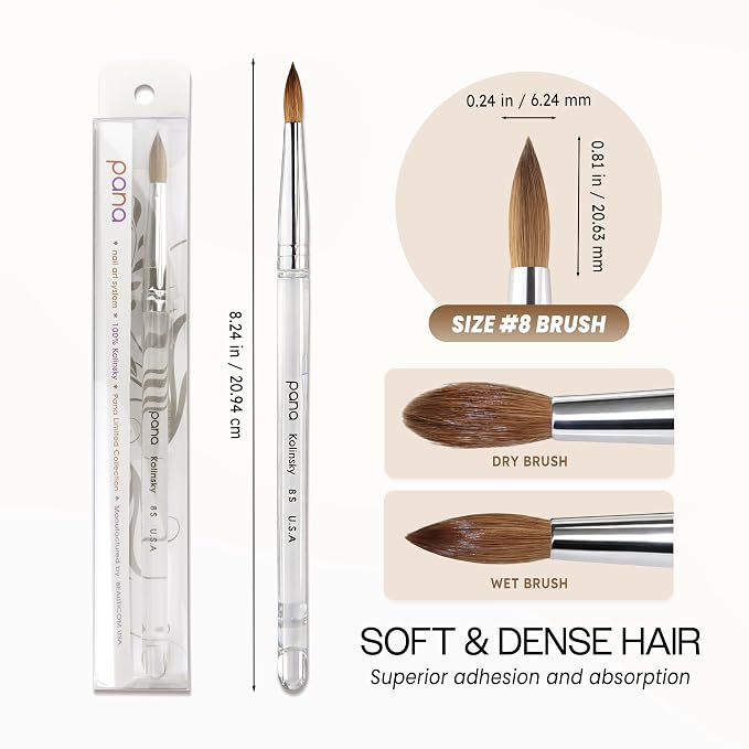 PANA Pure Kolinsky Hair Nail Brush - Round Clear Acrylic Handle (Size 8) - Nail Brush for Nail Application, Nail Extension, Manicure Pedicure Salon Beginner and Professional