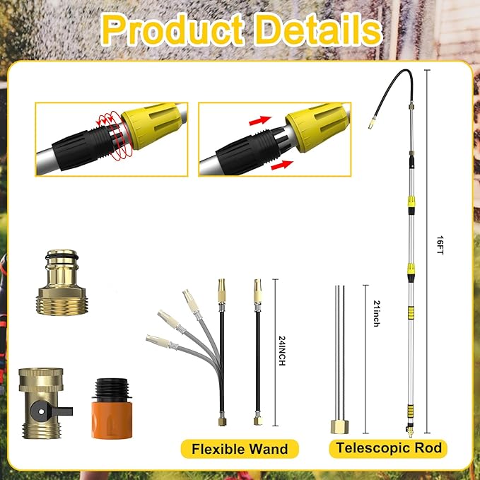 Buyplus 22FT Reach Telescoping Gutter Cleaning Tools 4-16FT Rain Gutter Cleaner Tools From Ground with 3/4" Brass Garden Hose Shut Off Valve, Bendable Flexible Water Wand for Garden Hose, Window