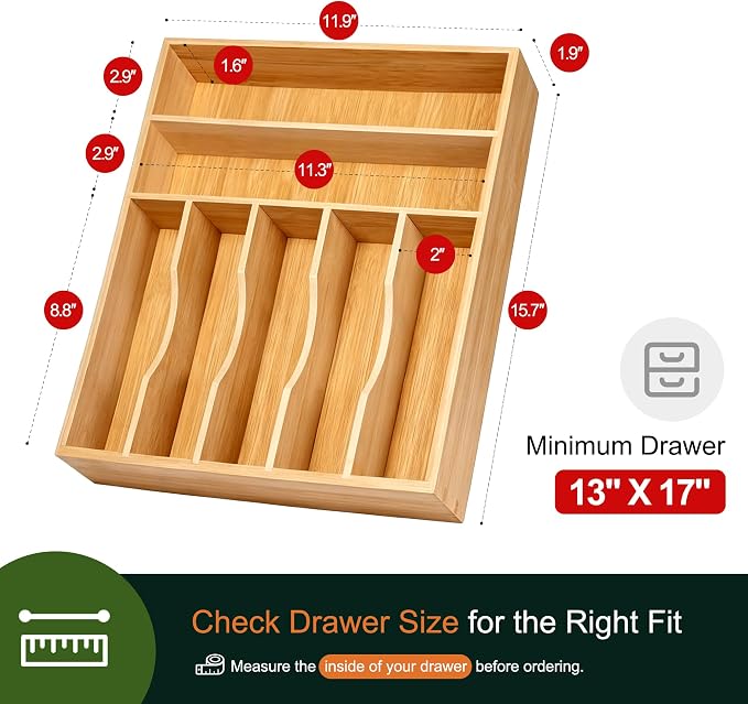 Kitchen Bamboo Silverware Organizer, Kitchen Drawer Organizer - Utensil Holder and Cutlery Tray with Grooved Drawer Dividers for Flatware 7 Slot, Natural