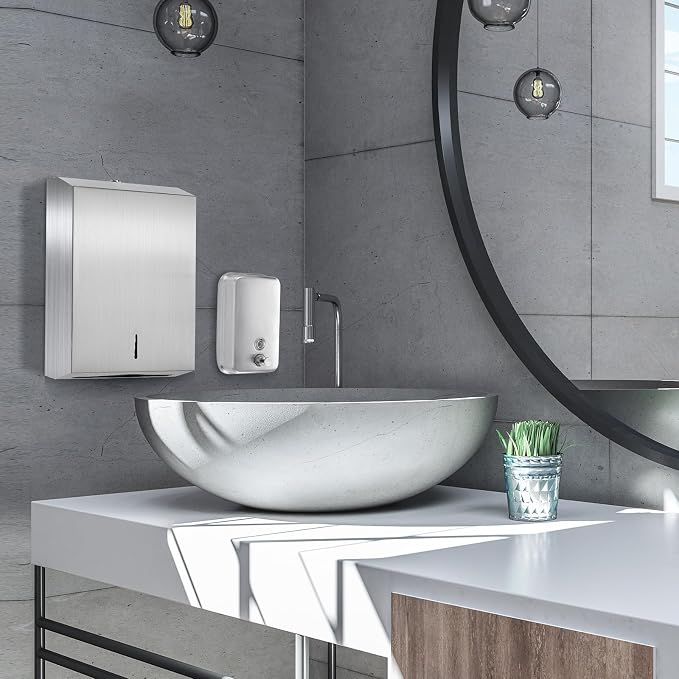 4 Pcs Commercial Soap Dispenser and Paper Towel Dispenser Set with Lock-Stainless Steel,Wall Mount,Large Capacity Manual Liquid Pump Rust Proof Leak Free for Home Bathroom (500 ml,Style 2)