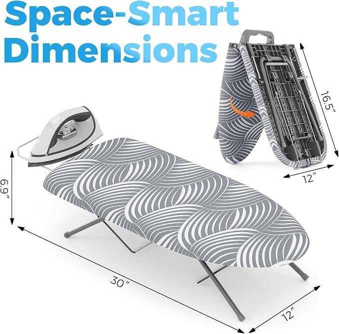 KINGBOARD Tabletop Ironing Board, Small Ironing Boards with Iron Rest, Folding Iron Board, Extra Thick Cover, Portable Tabletop Ironing Board with Non-Slip Feet, 30x12 Grey and White