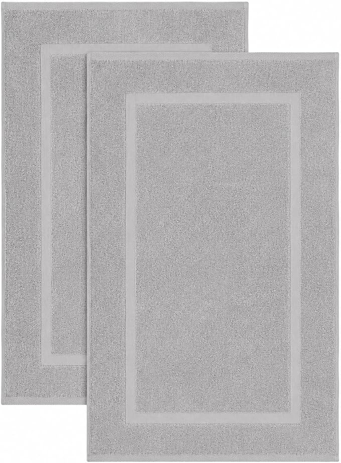 SALBAKOS 2-Piece 100% Turkish Cotton Bath Mat Towel, 20x34 inch, Silver | Bathroom Floor Towels, Thick Soft Most Absorbent Quick-Dry Durable Large Size Foot Rug, Premium Hotel Quality Made in Turkey