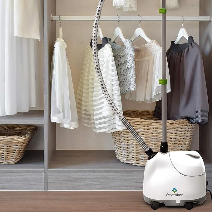 Steamfast SF-407 Canister Fabric Steamer, With Telescopic Pole and Fabric Brush, 45 Second Heat Up Time, Chemical-Free Steam, Clothes Hook, Fabric Brush, 40-Ounce Water Tank, White