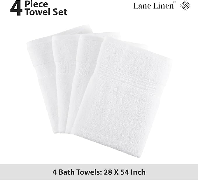 LANE LINEN Large Bath Towel Set Absorbent Quick Dry 100% Cotton - White | Bath Towels Set Of 4 - Fade-Resistant Color, Classic Terry Weave, Densely Woven, Coordinated Colors, Dobby Border Accent