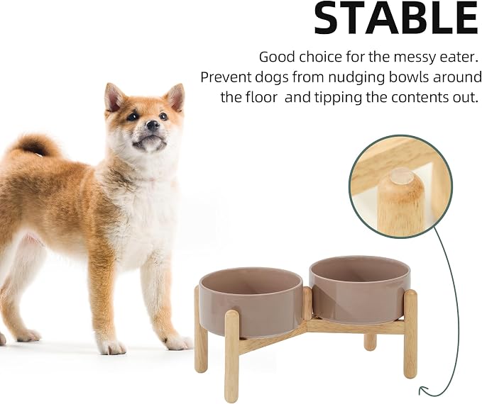 Havniva Elevated Dog Bowls Ceramic Dog Bowls with Stand, Dog Food Bowl | 6.1” Raised Dog Bowls with Non-Slip Wood Stand, Dog Food and Water Bowl Set, Double Dog Feeding Bowls for Small & Medium Dogs