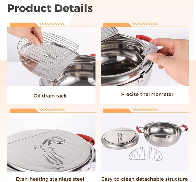 Deep Fryer Pot with Tongs, Stainless Steel Japanese Fryer with Temperature Control and Oil Drip Drainer Rack, Japanese Tempura Pot Set for French Fries Chicken Japanese Tempura (9.8 Inch)