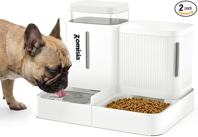 ZOMISIA Gravity Dog Food and Water Dispenser, 2 in 1 Automatic Dog Feeder with 180 Degree Rotatable, 2 Pack Large Capacity Self Feeding for Small Dogs Puppy, White, 1.6GALx2