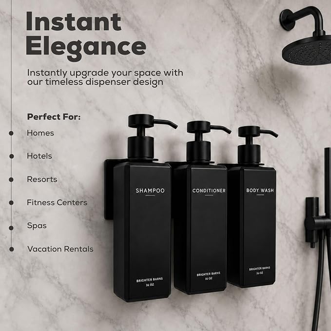 Black Shampoo and Conditioner Dispenser Set Wall Mounted by Brighter Barns - Shampoo Conditioner Body Wash Dispensers - No Drill Shower Soap Bottles for Hotel, RV, Spa, Airbnb, Vacation Rental (Black)