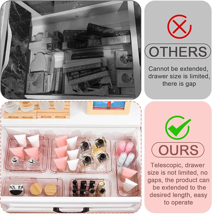 25 Pcs Clear Drawer Organizer, Adjustable Drawer Storage Box, 3-Size Desk Drawer Organizer, Acrylic Storage Bins for Makeup, Kitchen Utensils, Bedroom Dressers Tool Organizer for Gadgets, Pink