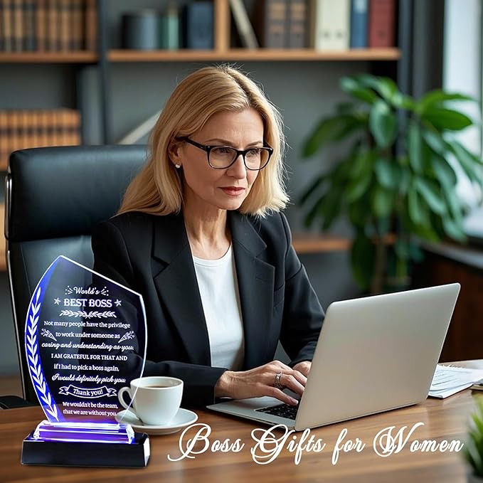 Movdyka Boss Gifts for Women Men Bosses Appreciation Gifts for Woman, Crystal Plaque with Colorful Light Base, Boss's Day Gifts Farewell Retirement Goodbye Birthday Office Decor