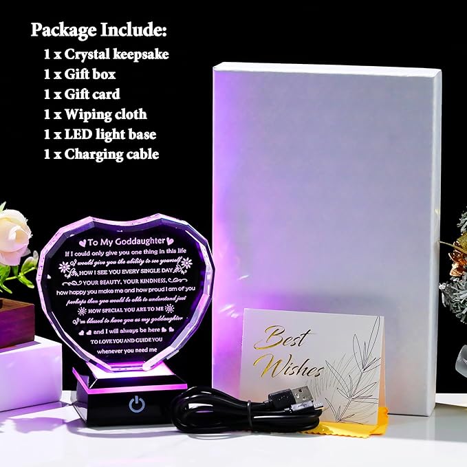Arikyrist Goddaughter Gifts from Godmother Birthday Gift for Goddaughter from Godparents With LED Base Heart Crystal Keepsake Unique Goddaughters Gifts Idea on Mother's Day Christmas Graduation