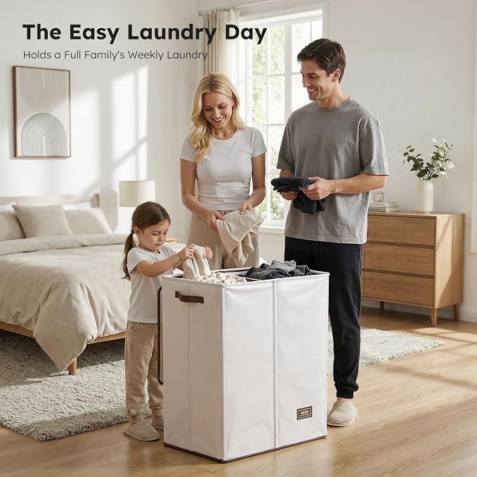 SOLEDI Luxury Double Laundry Hamper with Lid and Removable Bags, 38.3 Gal Large Laundry Bin, Laundry Basket 2 Sections, Collapsible Clothes Hamper for Bedroom, Laundry Room, Bathroom, Off-white