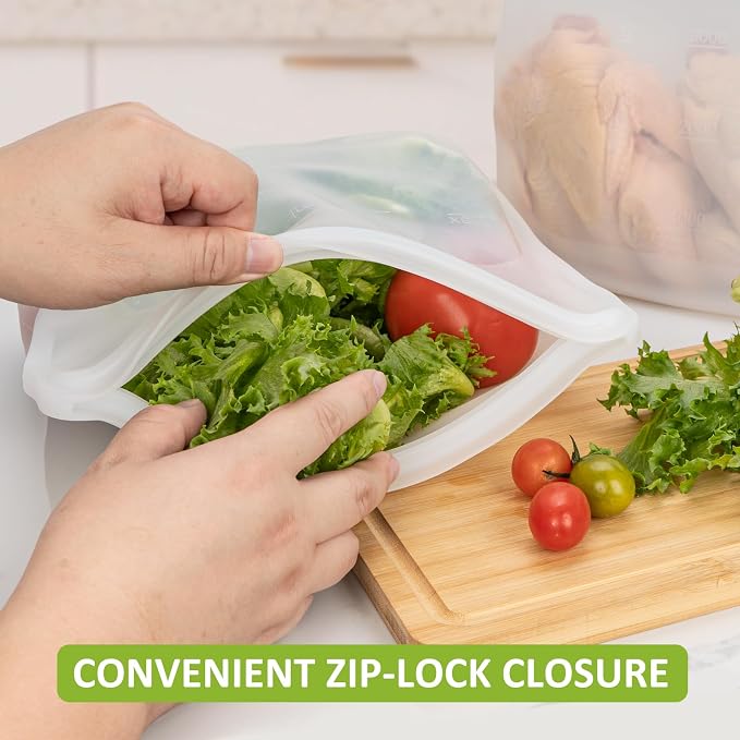 100% Silicone Gallon Storage Bags, Extra Large Reusable 1 Gallon Silicone Storage Bags Stand-Up Zip-Lock Leakproof for Bulk Food & Large Portions, Freezer Microwave Sous Vide Dishwasher Safe, 2 Pack