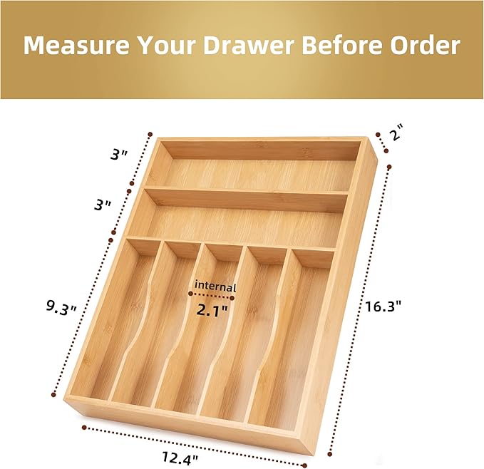 Besilord Silverware Organizer Kitchen Drawer Organizer Utensil Organizer Bamboo Silverware Holder Cutlery Organizer in Drawer Flatware Organizer Tray(7 slots, Natural