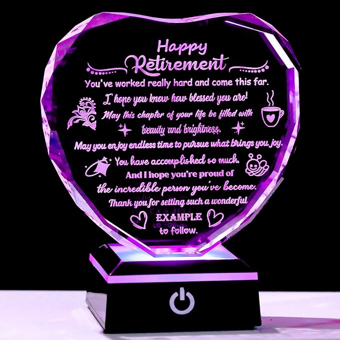 Happy Retirement Gifts for Women Men Crystal Plaque & Keepsake with LED Base Heartfelt Farewell Retired Presents for Boss Colleagues Coworkers Friends