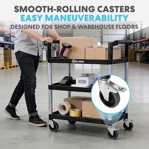Simpli-Magic Rolling Utility Cart on Wheels, Heavy Duty Multi-Purpose Service Cart, Silver & Black, Garage, Warehouse & Commercial Use
