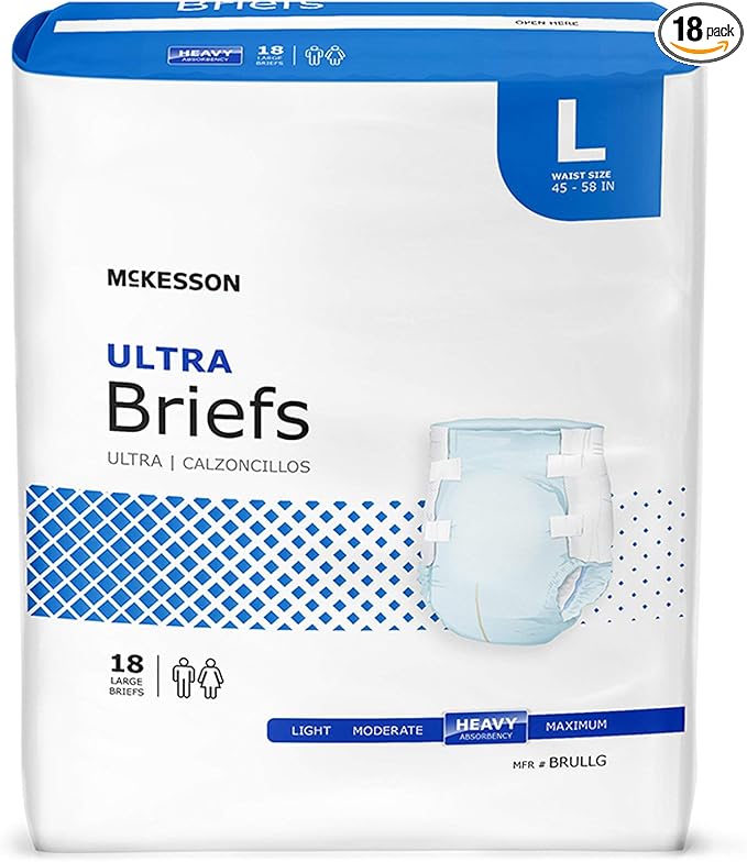 McKesson Ultra Briefs, [18 Count], Size L, 45-58 in. Incontinence Adult Diapers, Heavy Absorbency, Unisex, Disposable, Elastic Leg Gathers and Contoured Fit for Men and Women