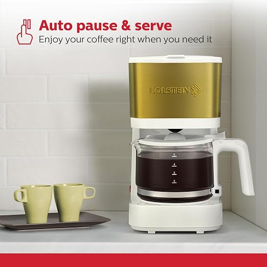 Holstein Housewares 5 Cup Coffee Maker – Compact Drip Coffee Machine with Auto Pause & Serve, Reusable Filter, Glass Carafe, Water Window & Warming Plate. White & Gold