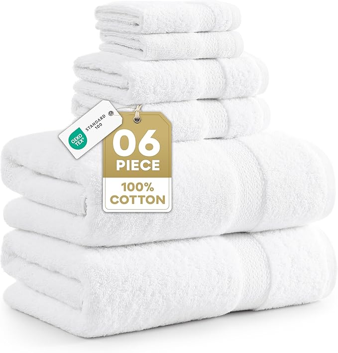 LANE LINEN Bath Towel Set 100% Cotton 6 Piece Soft Absorbent - White | Shower Towels - Generously Sized, Oversized & Roomy, Lightweight & Breathable, Fade-Resistant Color, Classic Terry Weave