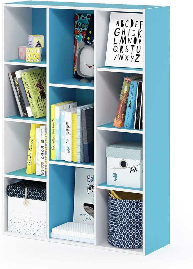 Furinno LUDER Book Shelf, 11-Cube Bookshelf, Reversible Bookcase, 9.4 x 29.1 x 41.7, Easy Assembly, for Living Room, Bedroom, Home Office, White/Light Blue