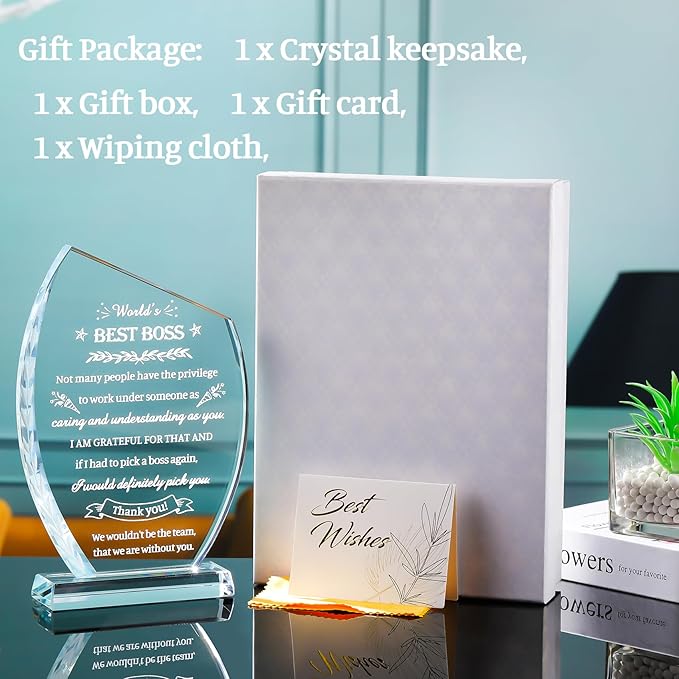 Movdyka Boss Gifts for Men Women Crystal Keepsakes Plaque World's Best Bosses Gift Appreciation Thank You Great Boss's Day Birthday Ideas for Boss Farewell Retirement Office Decor