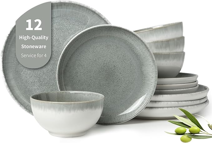 Pokini Gradient Green Stoneware Dinnerware Sets, 12 pcs Reactive Glaze Plates and Bowls Sets, Handmade Ceramic Round Dishes Set for 4, Highly Chip and Crack Resistant Modern Plate Set