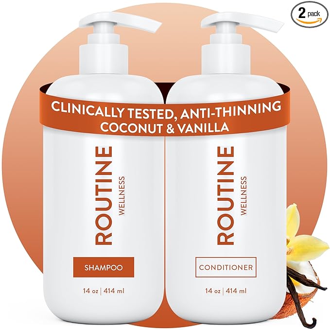 Routine Wellness Anti-Thinning Shampoo and Conditioner Set for Thinning Hair - Biotin DHT Blocker Women & Men - Color Safe Shampoo for Hair Loss - Coconut & Vanilla Set