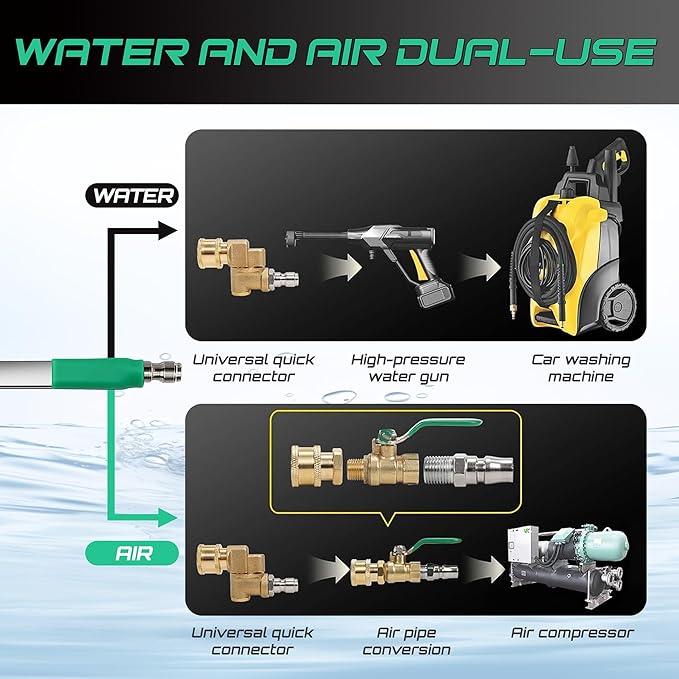 47" & 24" & 15" Radiator Cleaning Wand 5-Piece Set, 4500 PSI Stainless Steel Dual Water/Air Radiator Cleaner with Pressure Washer Gun Adapter & Tips for Cars, Trucks, Heavy Equipment,Silver& Green