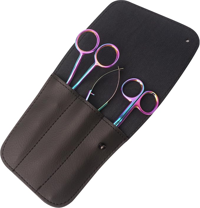 Premium Embroidery Scissors Set of 3 Kit - Double Bent Offset Duckbill, Spring Action Curved Blade and Double Bend Long Applique Needlepoint with Pouch Sleeve (Rainbow)