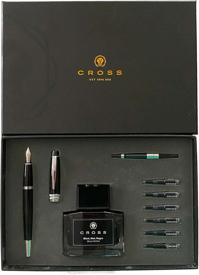 Cross Bailey Refillable Fountain Pen, Medium Nib Gift Set, Includes Fountain Pen, Ink Cartridges, Bottle Ink, Converter, Premium Gift Box - Black