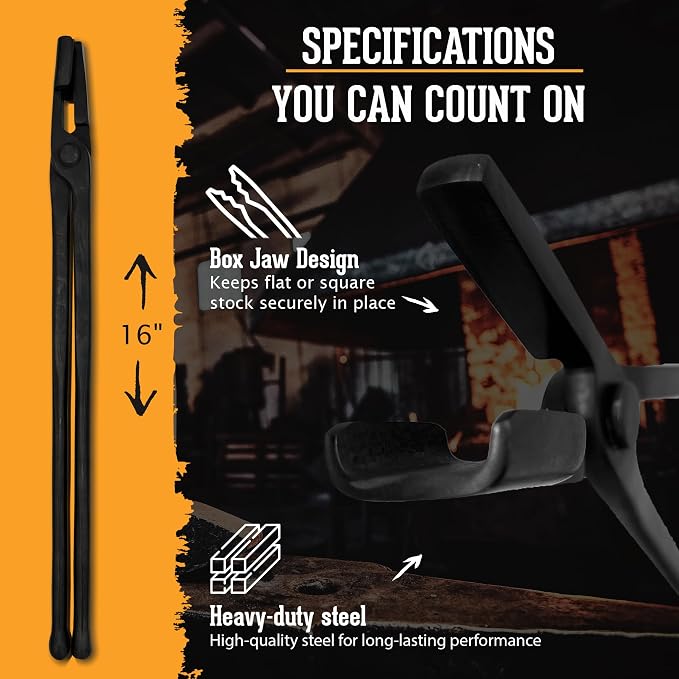 Box Jaw Blacksmith Tongs (16", Black) - Blacksmith Tools and Forging Tools for Beginner & Professional Blacksmithing - Durable Steel, Ergonomic Grip and Versatile