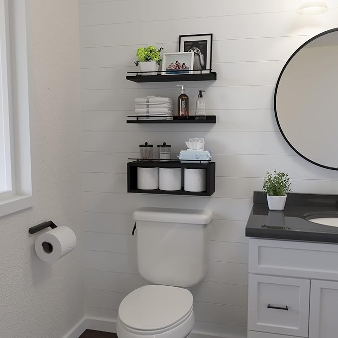 WOPITUES Floating Shelves for Wall with Cube Shelf, Wall Shelves with Metal Rail for Bathroom Decor, Bathroom Organizers and Storage, Over Toilet Shelves for Toilet Paper-Black