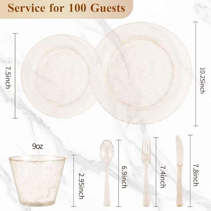 BESTVIP 600PCS Gold Glitter Dinnerware Set for 100 Guests, Plastic Plates for Party, 100 Gold Disposable Plates, 100 Dessert Plates, 100 Cups, 100 Spoons, 100 Forks and 100 Knives