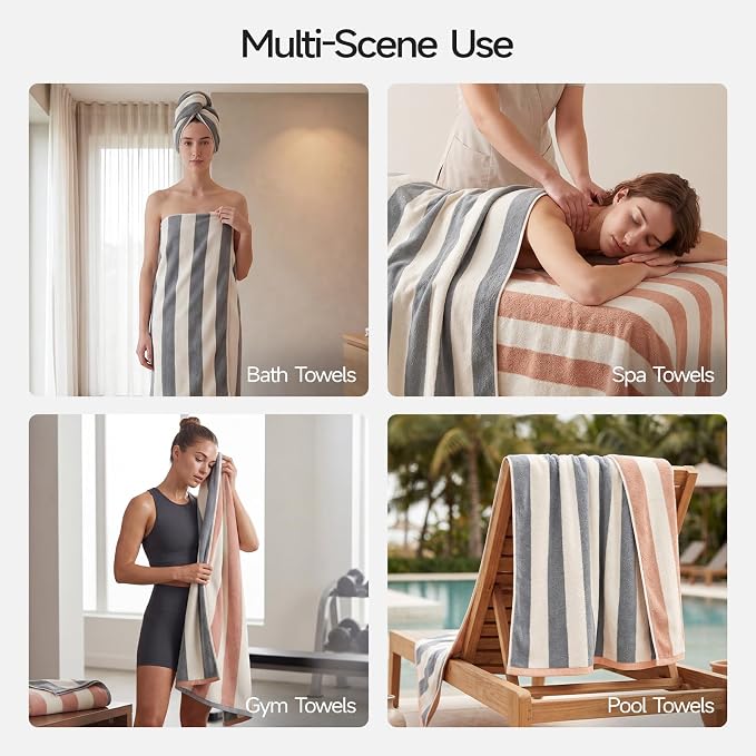 REDKISS 2 Pack Extra Large Striped Bath Towels, 31 x 63 Inches, 100% Cotton, Larger & Quicker to Dry, Super Soft and Highly Absorbent Towel, Perfect for Bathroom, Grey